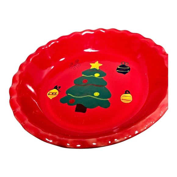 Michael's Christmas Tree Red Holiday Pie Baking Dish Hand Painted Edge Plate - Picture 4 of 12